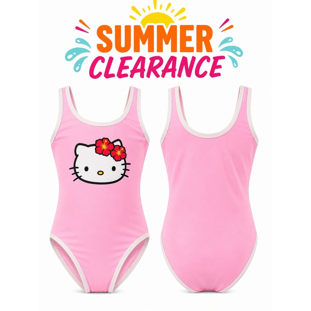 Hello Kitty Girls One Piece Swimsuit Pink White NWT Size L 10-12 Sanrio